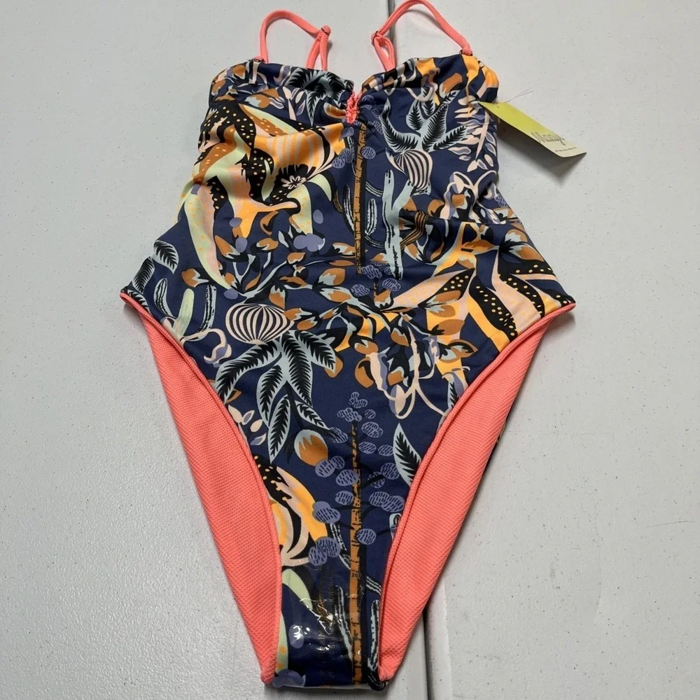 Maaji Swimsuit Reversible One Piece Pink Textured Blue Coral Ocean Print L Beach